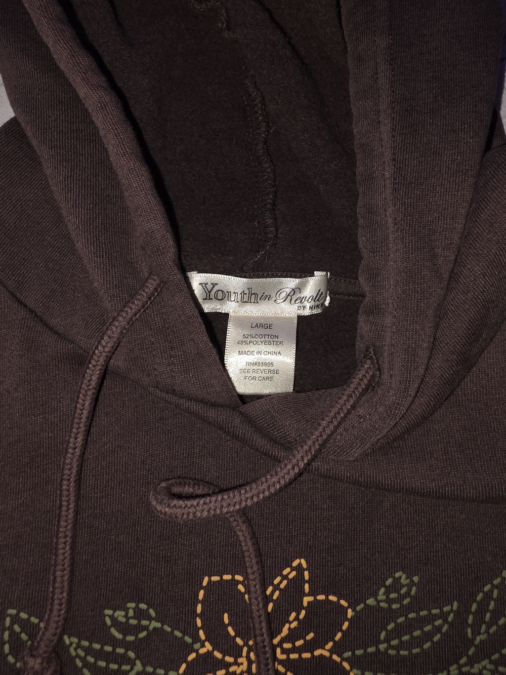 Youth in Revolt Brown Floral-Accent Pullover Hoodie. Bull Skull Large